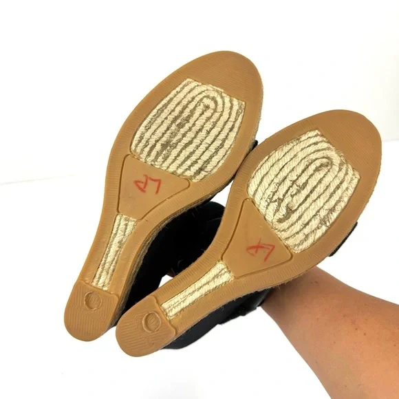 TORY BURCH Solid Black Two Band Canvas Espadrille Wedge Platform Sandals Sz 10.5 - Picture 5 of 9